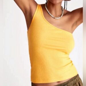 NWT Anthropologie Yellow Orange One Shoulder Ribbed Tank Top, Size XS